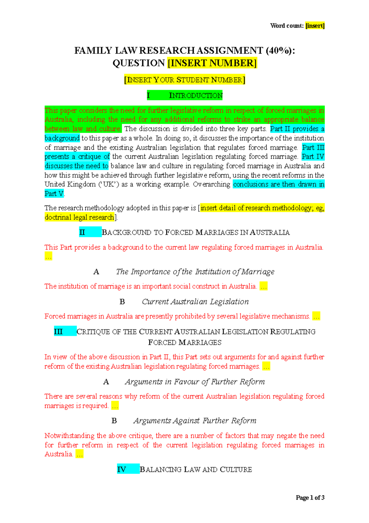 LAW2512 - Family Law - S1 2020 - Example Research Assignment (40%) Plan ...