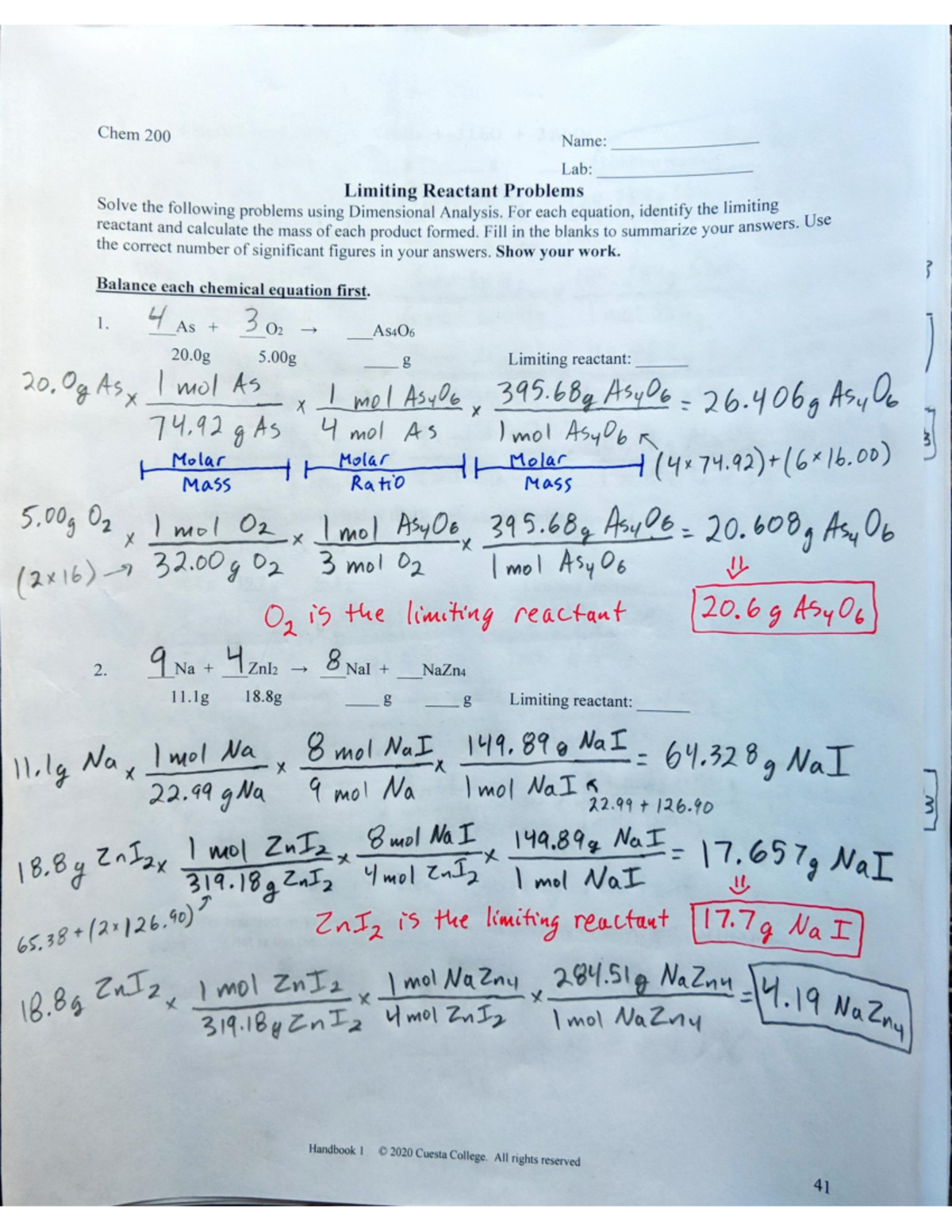 Limiting Reactant FAL - homework from FAL assignment questions and answers.  - CHEM 210FL - Studocu
