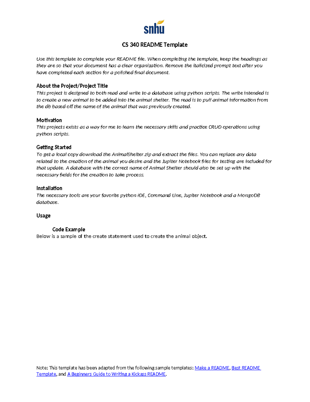 CS 340 Readme Template - CS 340 README Template Use This Template To ...