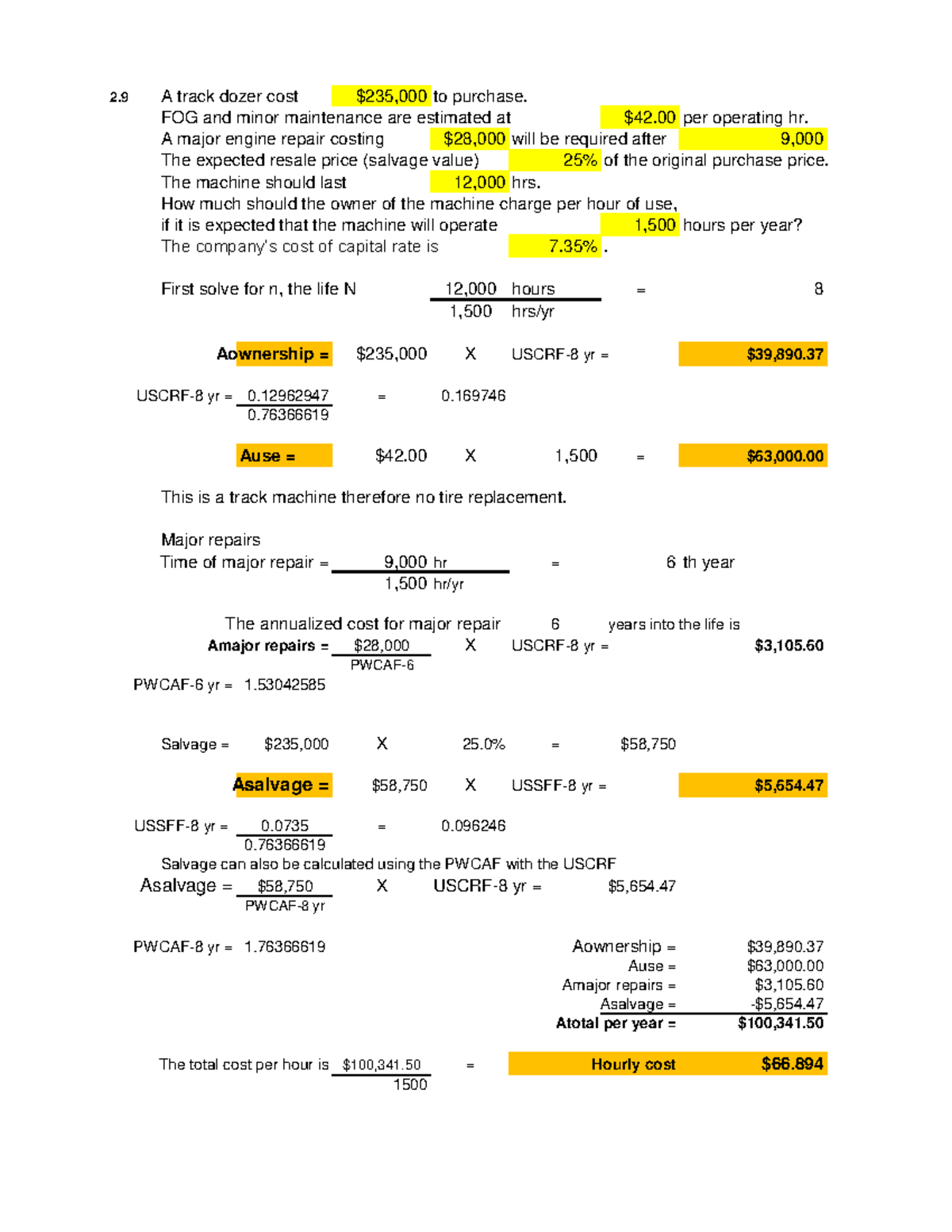 Assignment 1 Key Hw 1 2 A Track Dozer Cost 235 000 To Purchase 
