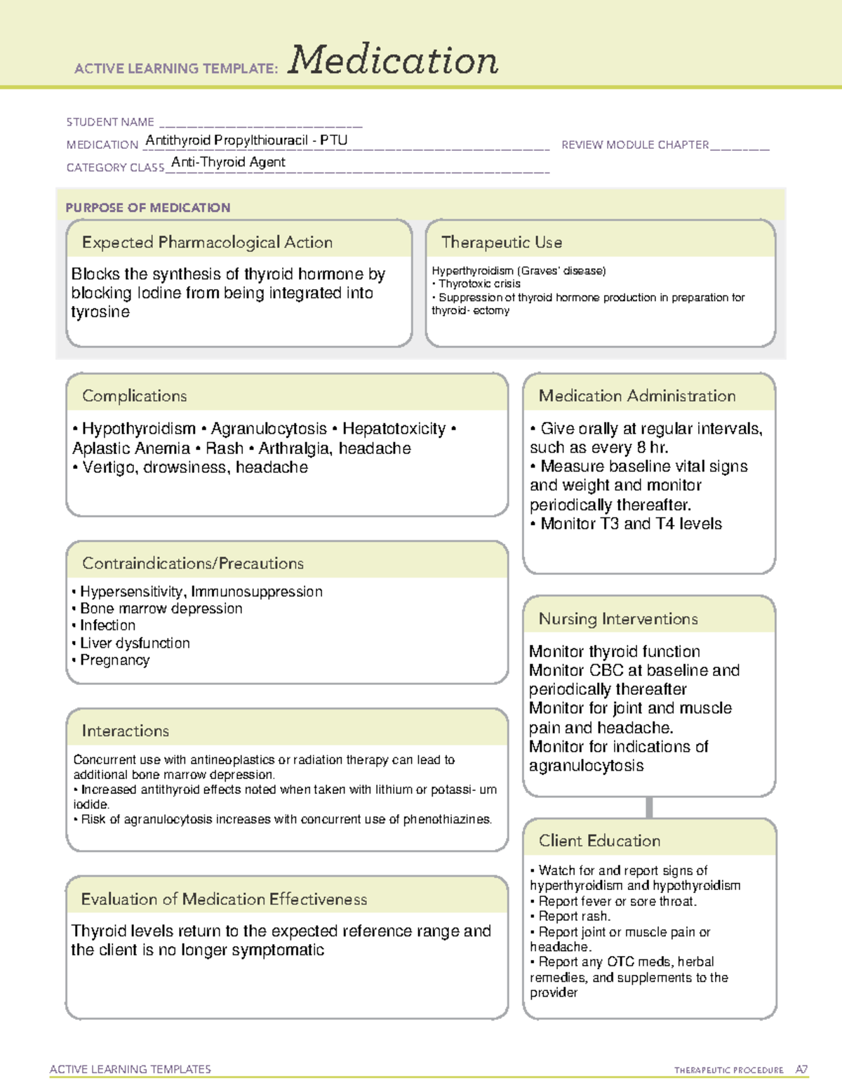 ATI Antithyroid Propylthiouracil PTU Med Sheet ACTIVE LEARNING 