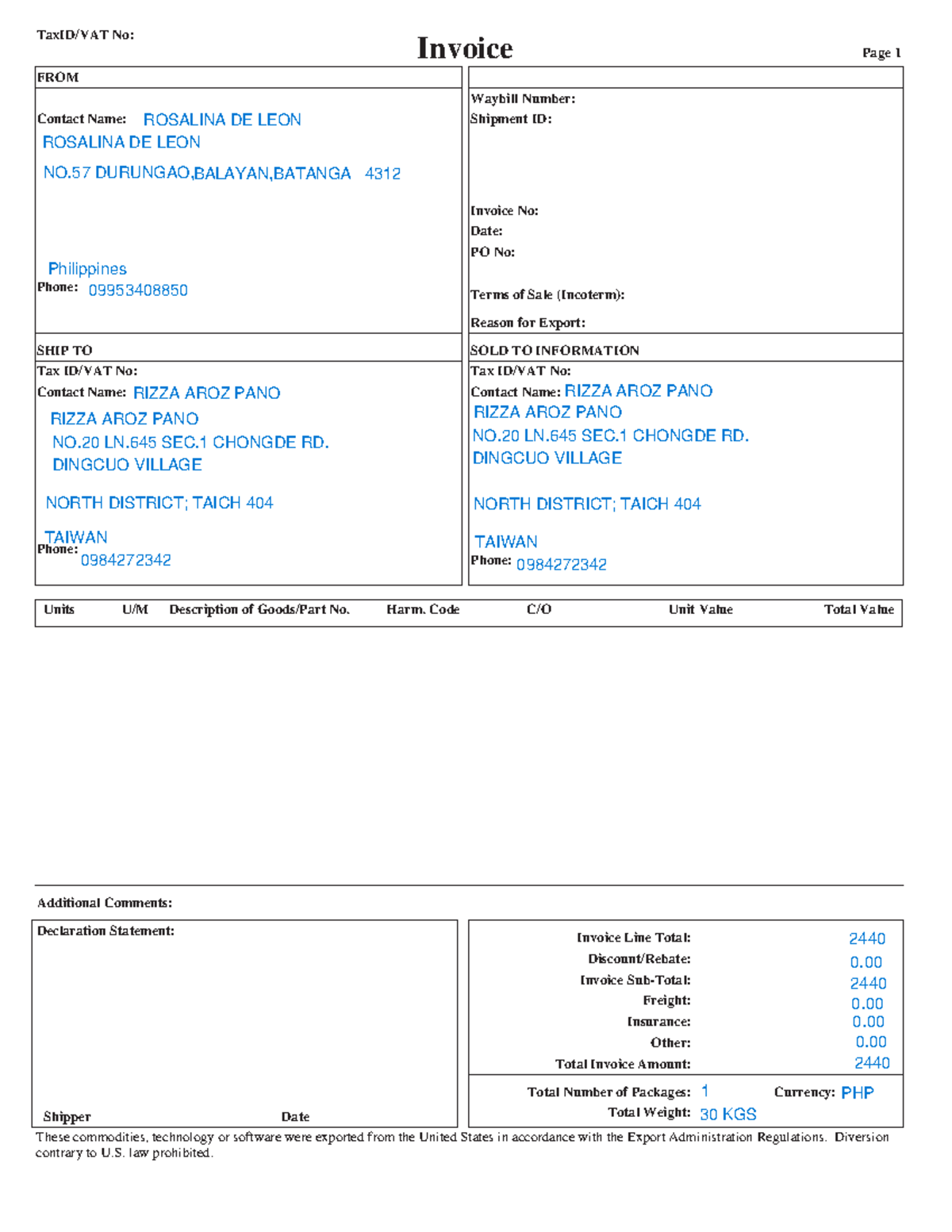Comm invoice - xzdfds - FROM Contact Name: Phone: Shipment ID: Invoice ...