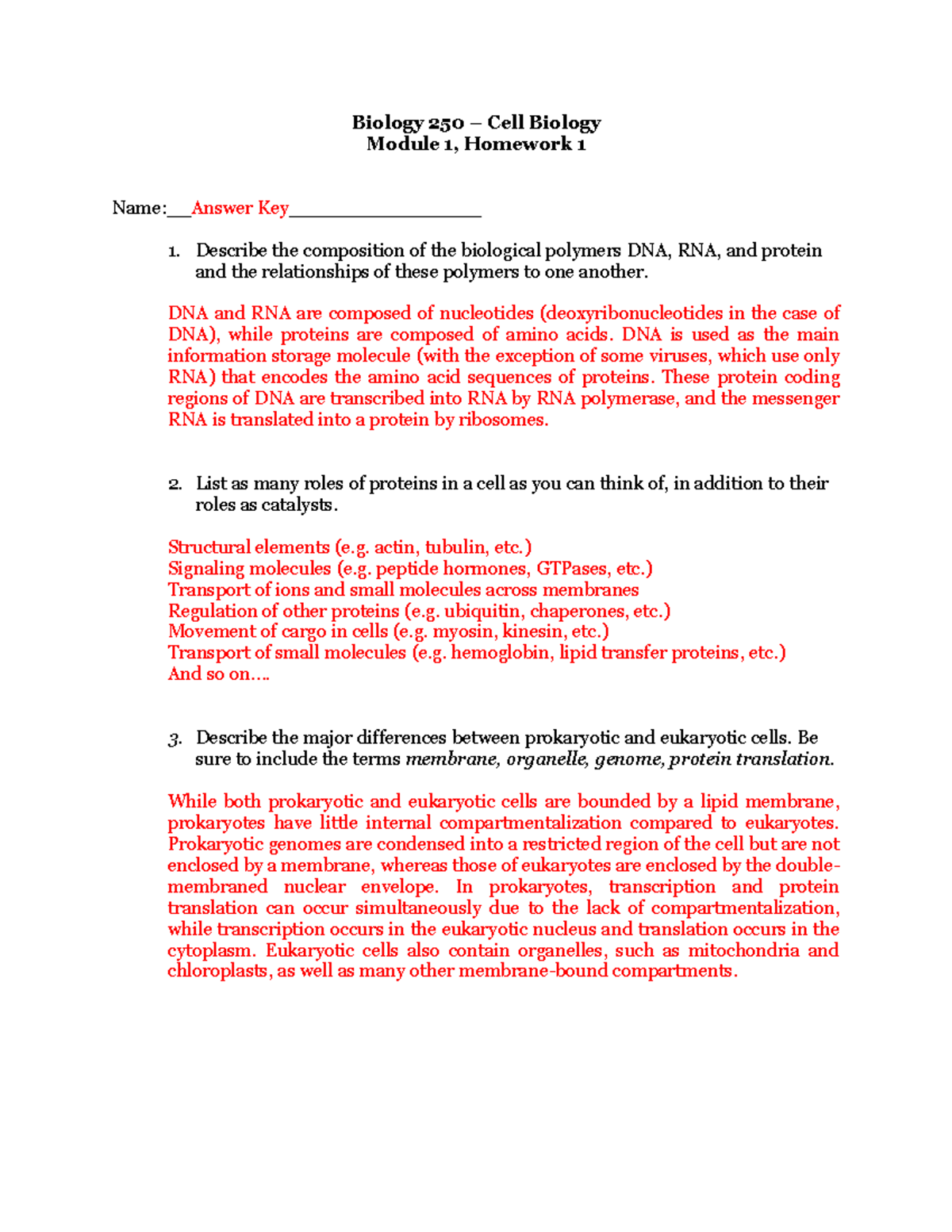 Module 1 Homework 1 Answer - Biology 250 – Cell Biology Module 1 ...