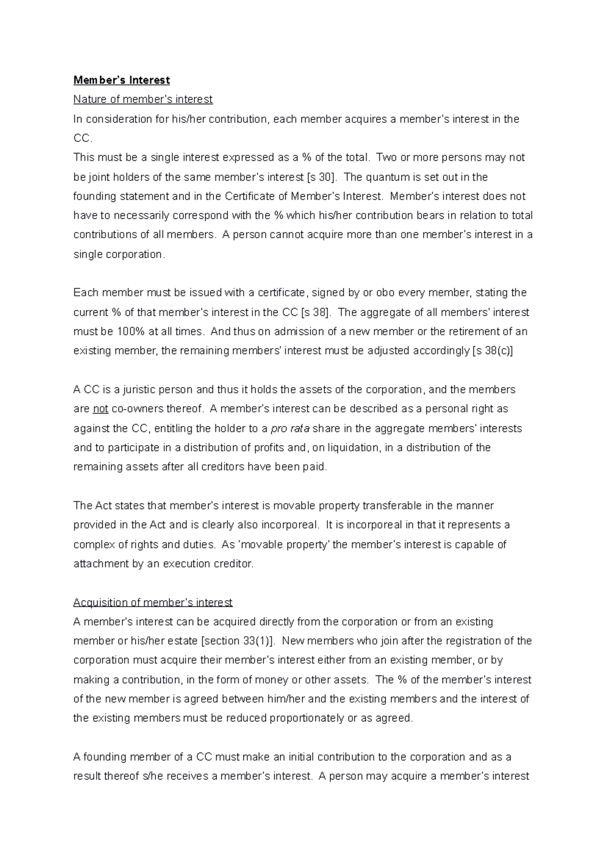 CCs Notes 2 - first year company law - Member’s Interest Nature of ...