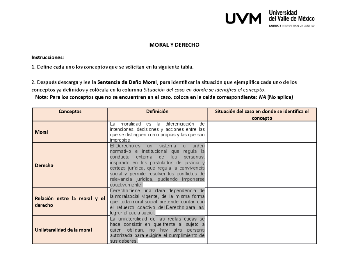 Moral Y Derecho ID MORAL Y DERECHO Instrucciones 1. Define cada uno los conceptos que se