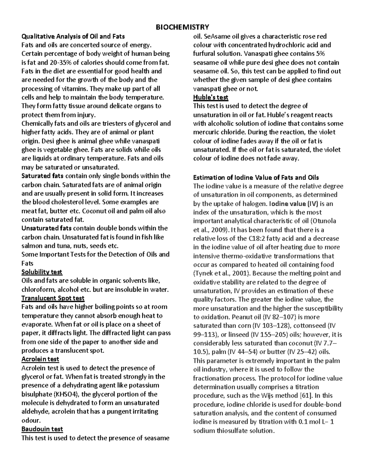 Qualitative Analysis of Oil and Fats BIOCHEMISTRY Qualitative