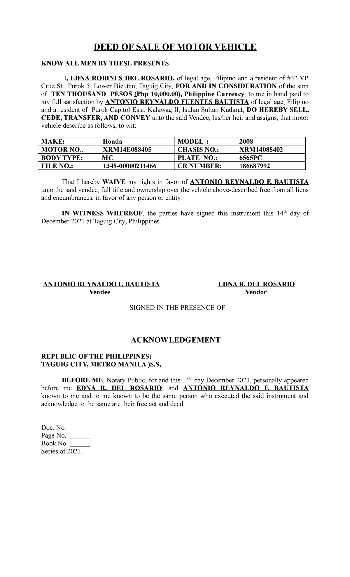 Deed Of Sale Of Motor Vehicle Edna Robines Del Rosario Deed Of Sale Of Motor Vehicle Know 6065