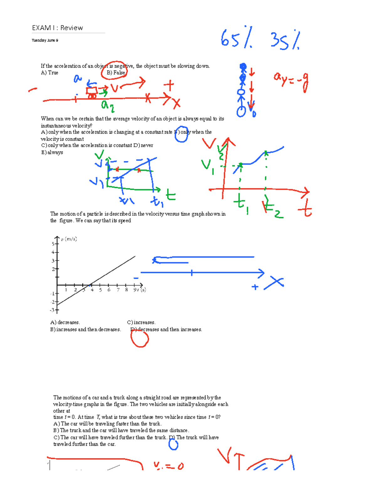 Exam1 Review Notes - EXAM I : Review Tuesday June 9 If the acceleration ...