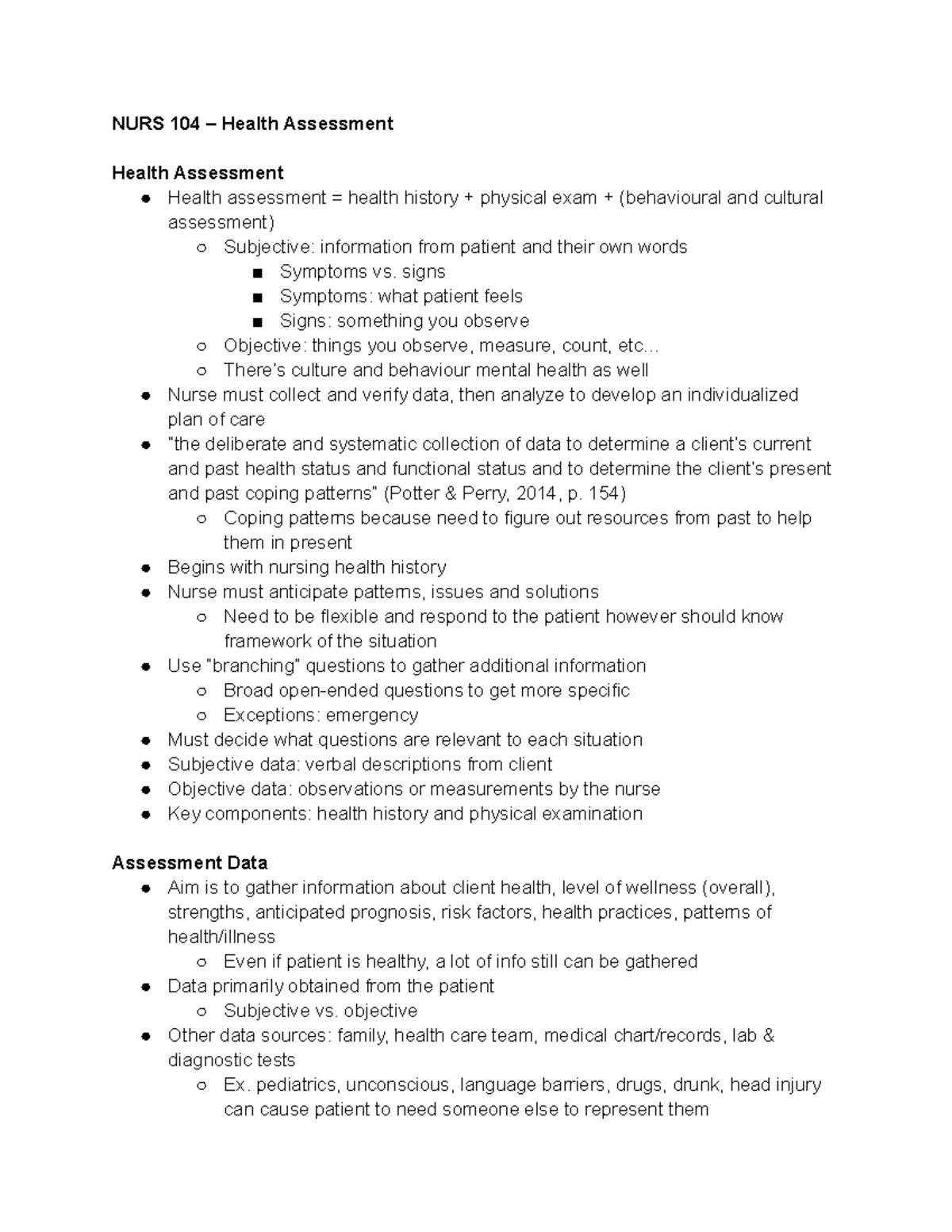 Nurs104HA The basics of health assessment. Subjective vs Objective