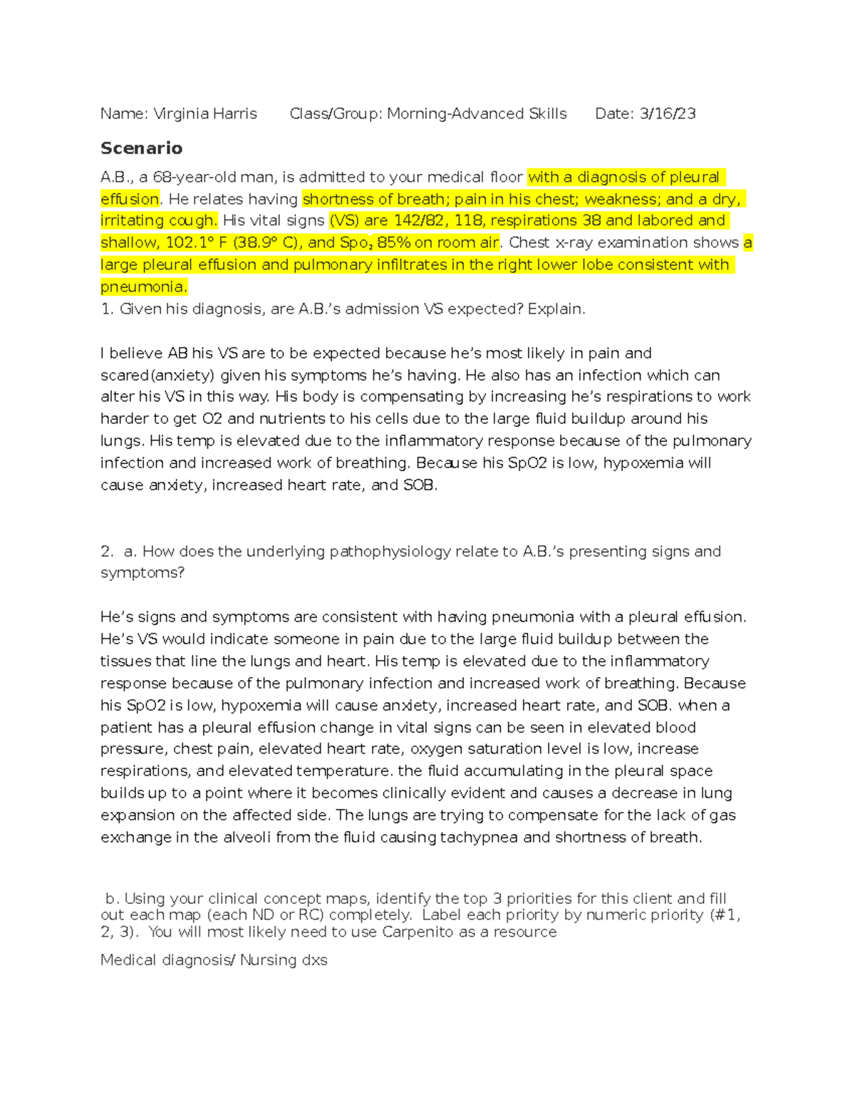 Chest Tube Case Study Name Virginia Harris Class/Group Morning