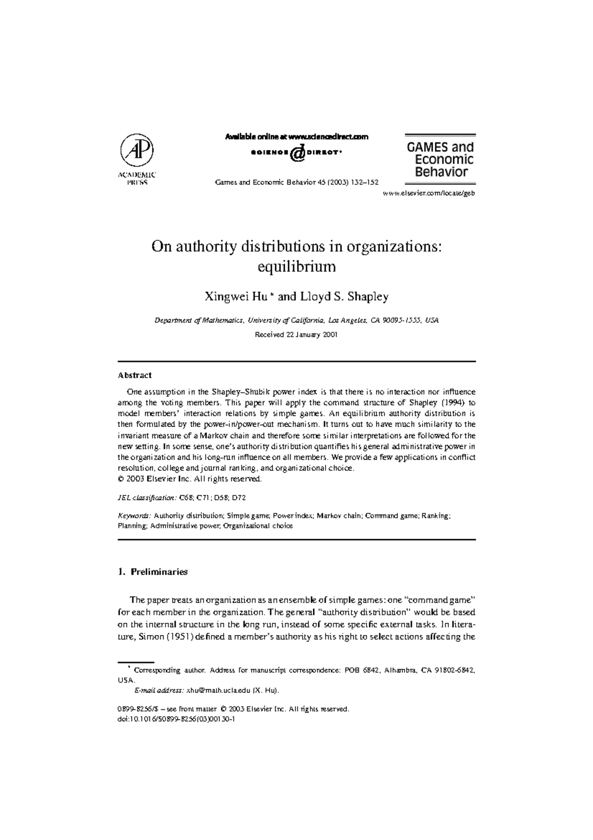 Shapley rganizational And Management Theory - Games and Economic ...