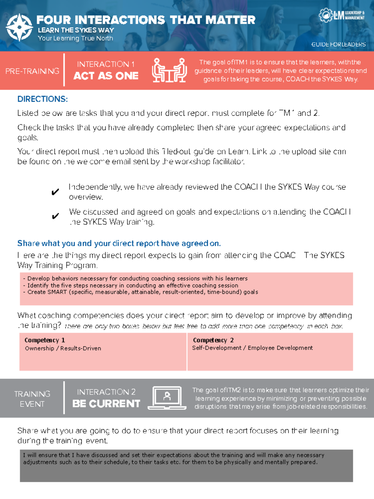 Coach the Sykes Way ITM 1&2 PRETRAINING INTERACTION 1 ACT AS ONE The