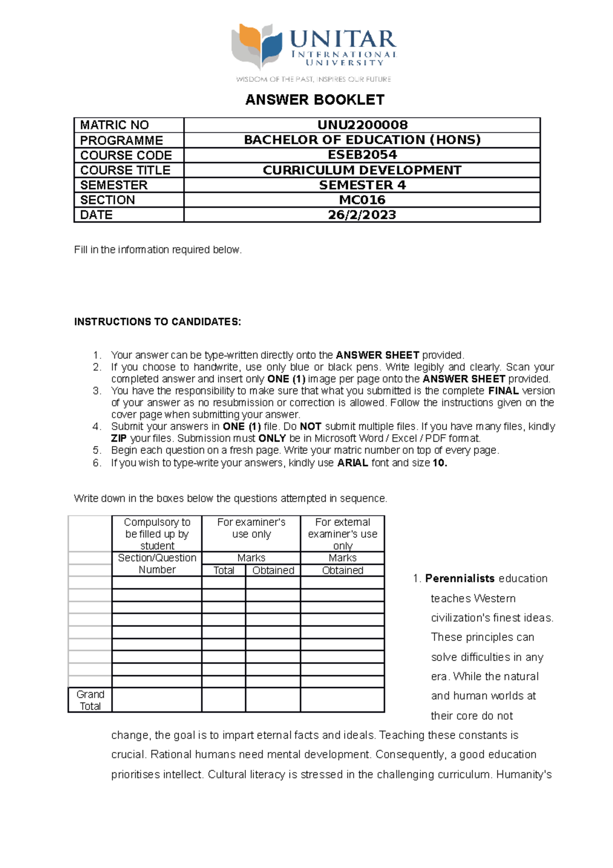 ESEB2054 Curriculum Development - ANSWER BOOKLET MATRIC NO UNU ...