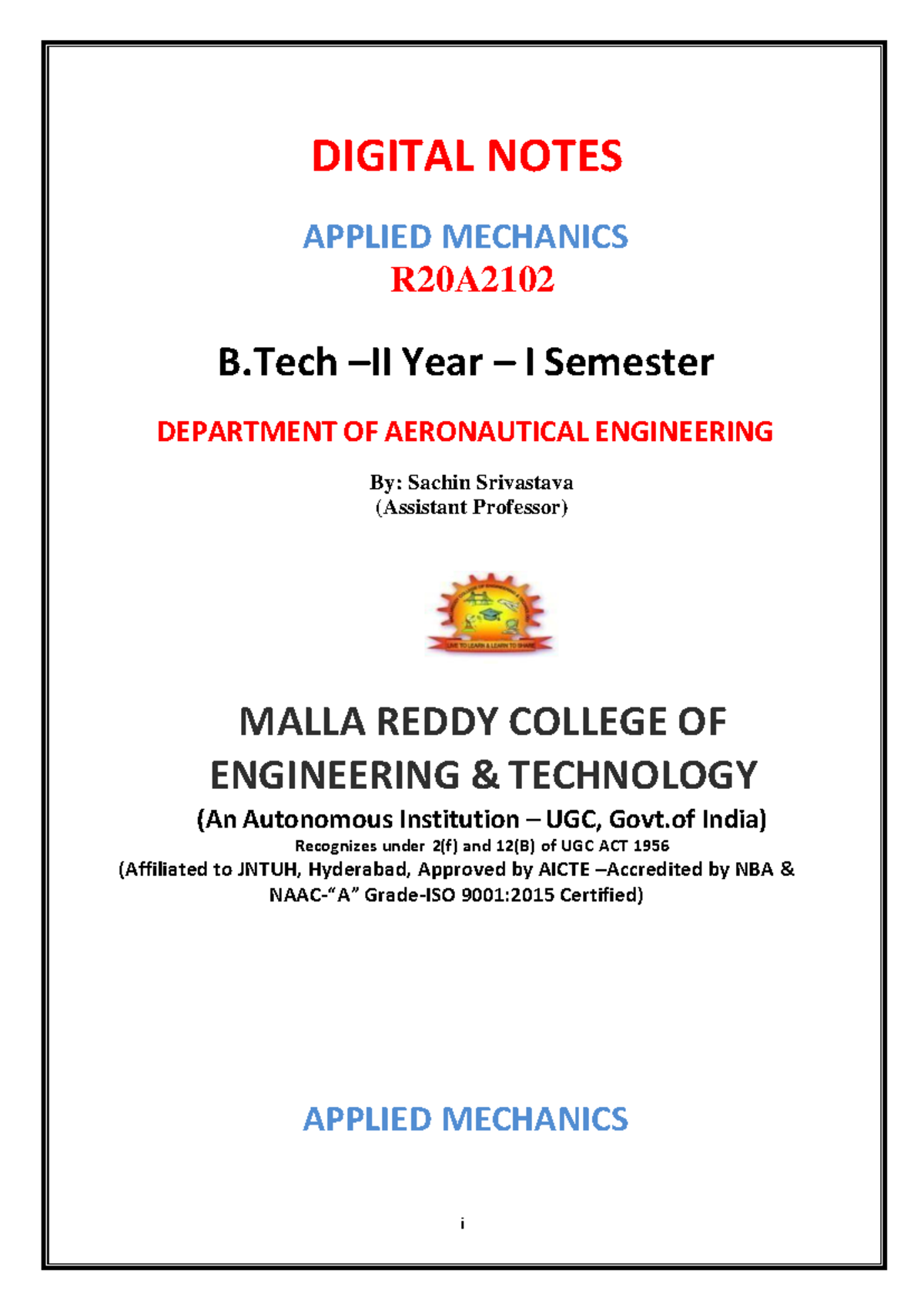 Applied Mechanics - I DIGITAL NOTES APPLIED MECHANICS R20A B – II Year ...