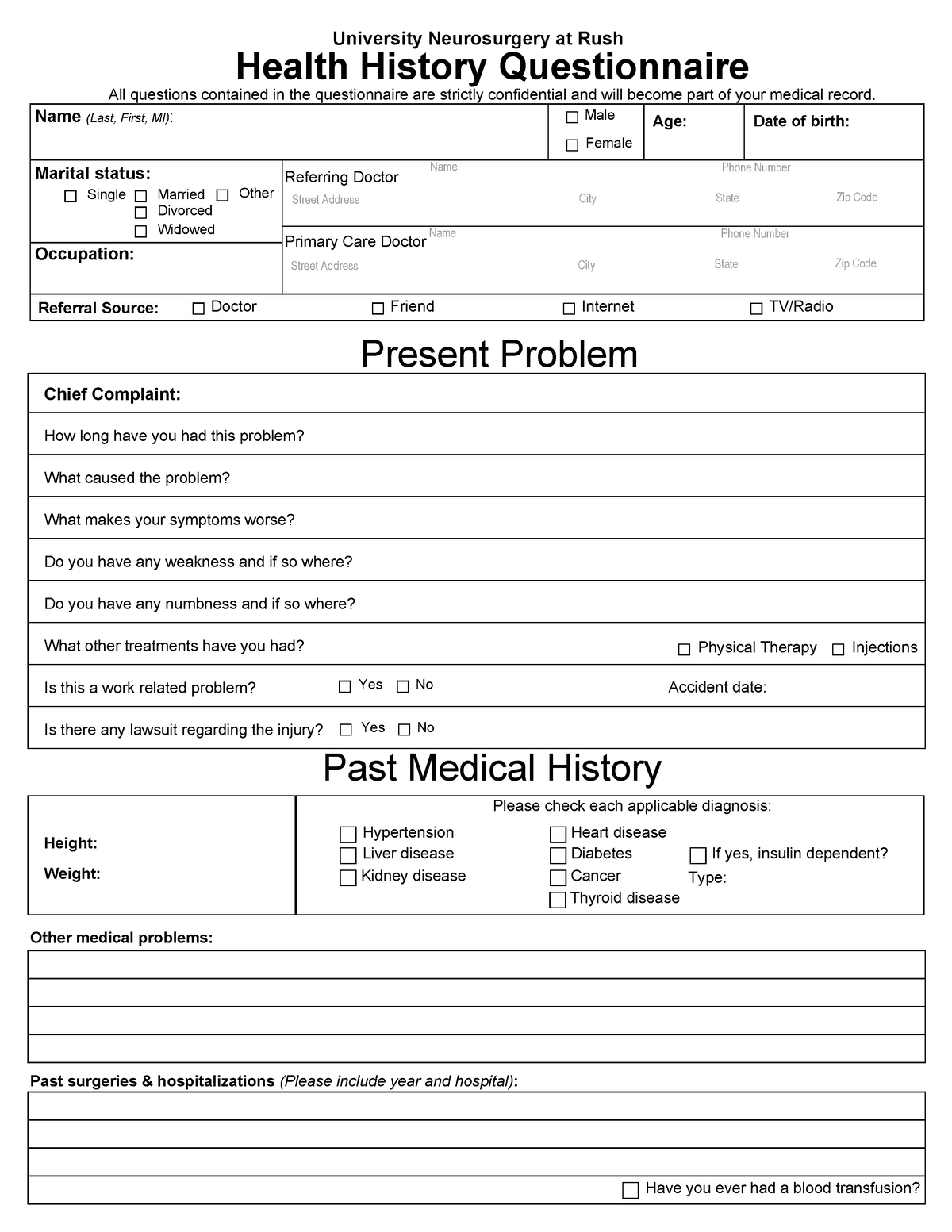 Neurosurgery patient history form - Name (Last, First, MI) : Male ...