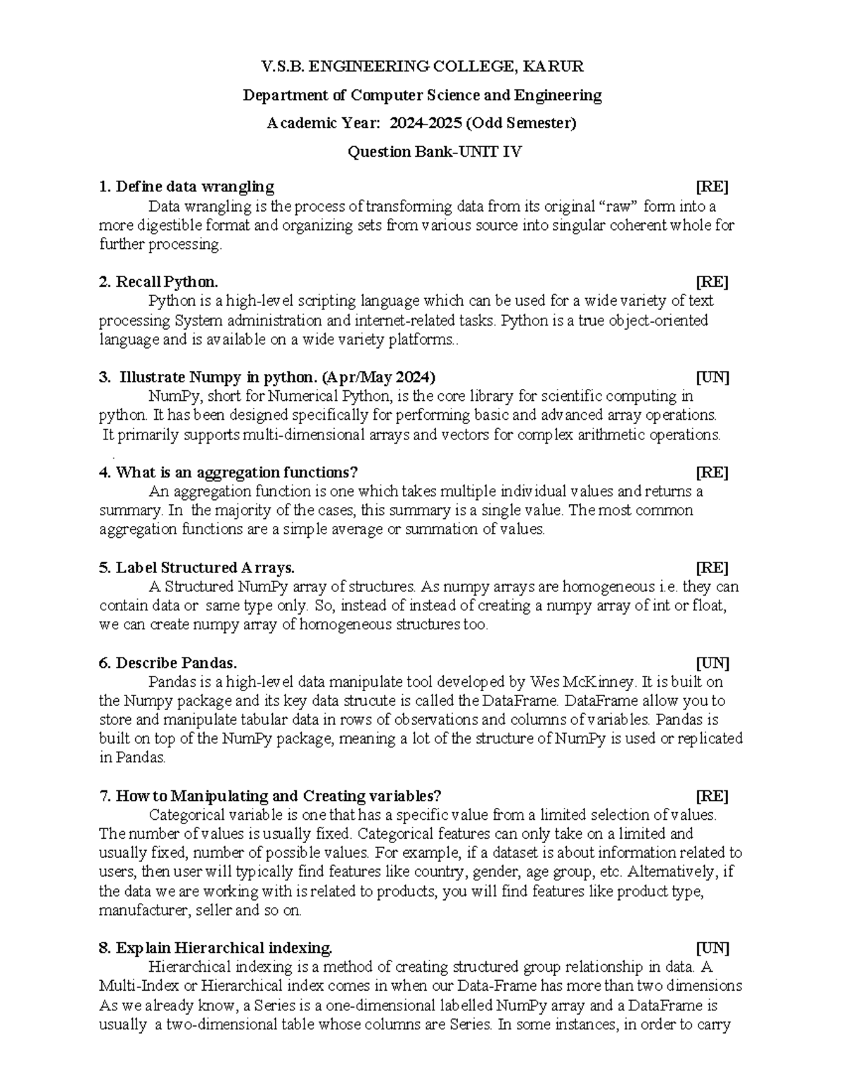 UNIT IV - notes - V.S. ENGINEERING COLLEGE, KARUR Department of ...