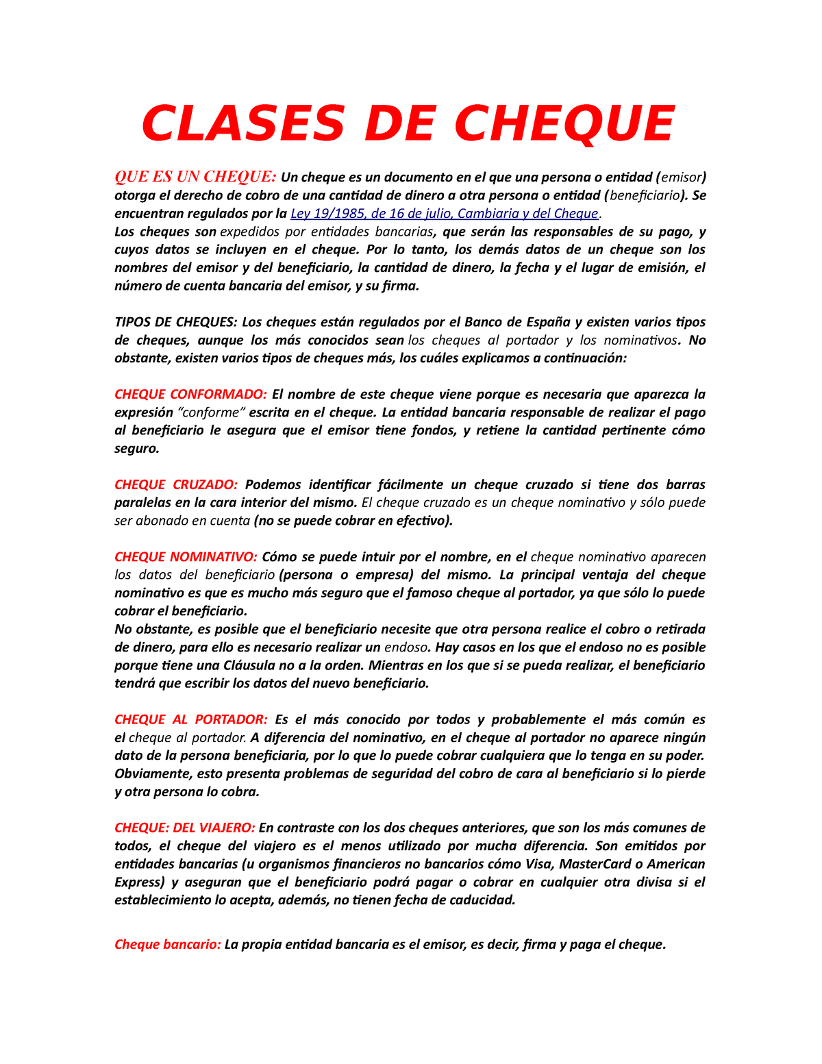 Clases De Cheque Clases De Cheque Que Es Un Cheque Un Cheque Es Un Documento En El 5627