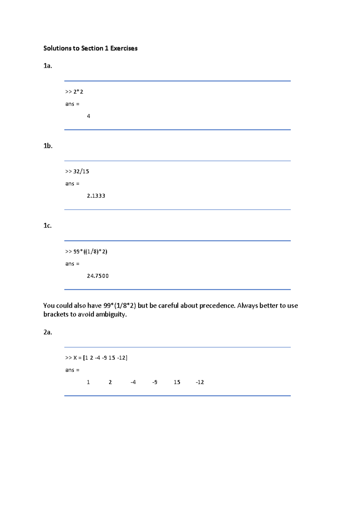Answers to Section 1 Exercises - Solutions to Section 1 Exercises 1a ...
