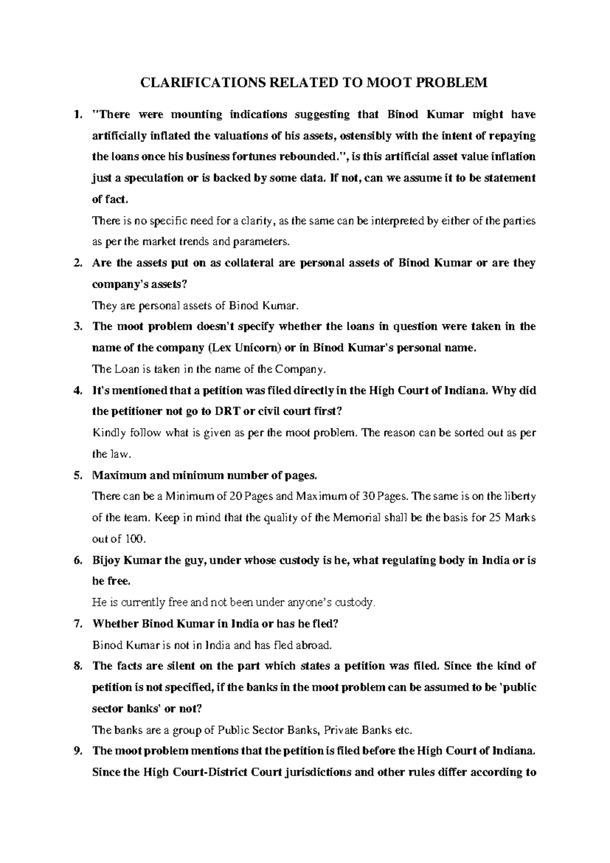 Moot Clarifications - CLARIFICATIONS RELATED TO MOOT PROBLEM 