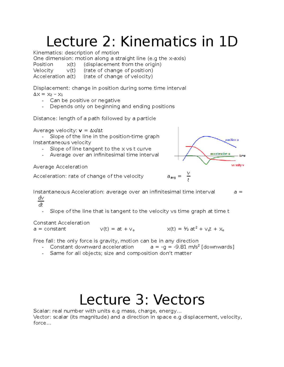 Kinematics In 1D & Vectors - Lecture 2: Kinematics In 1D Kinematics ...