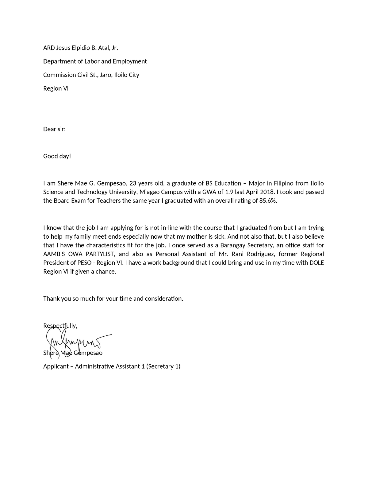 Application Letter - SAD - ARD Jesus Elpidio B. Atal, Jr. Department of ...