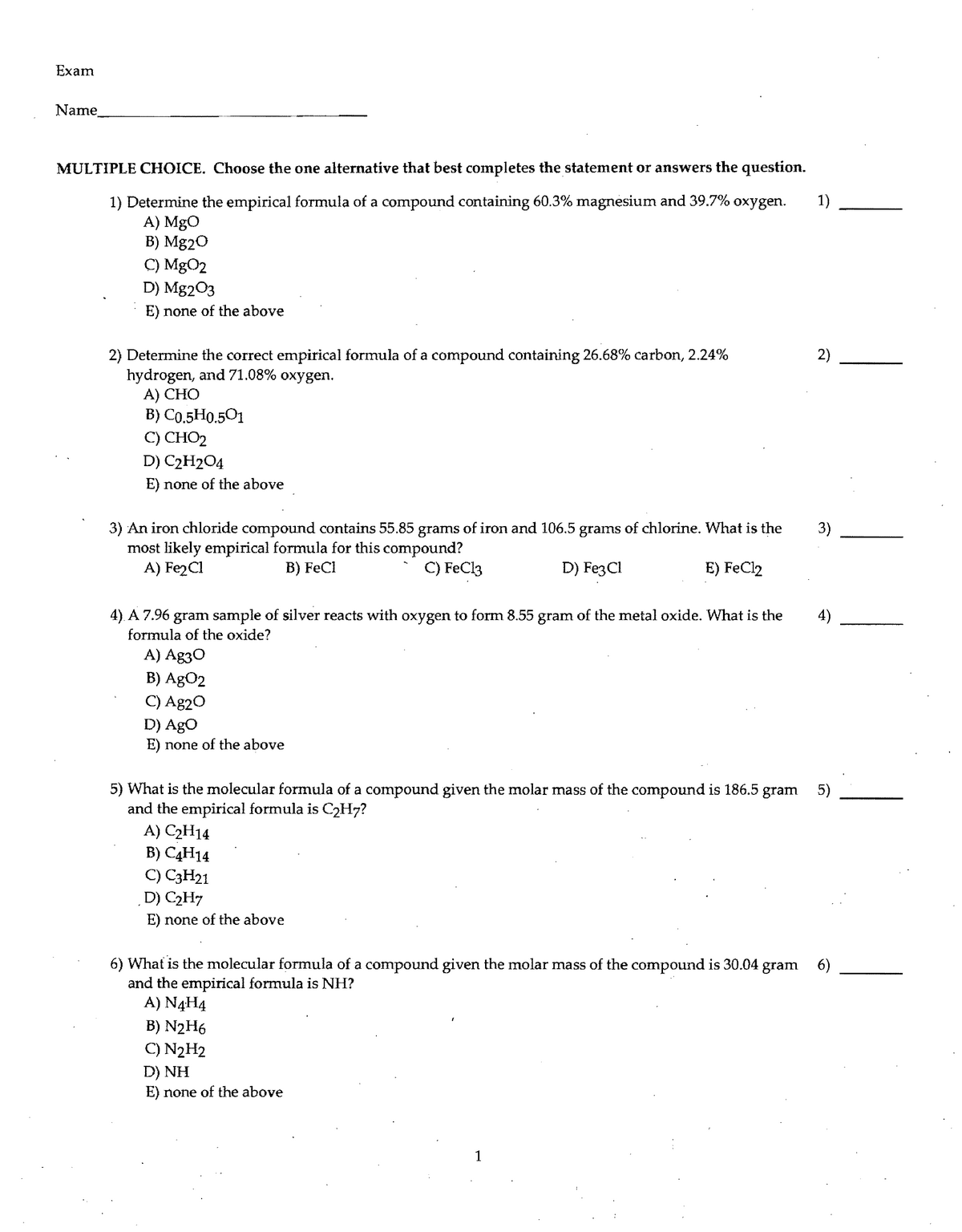 Empirical Formulas - Lecture notes 1 - Exam MULTIPLE CHOICE. Choose the ...