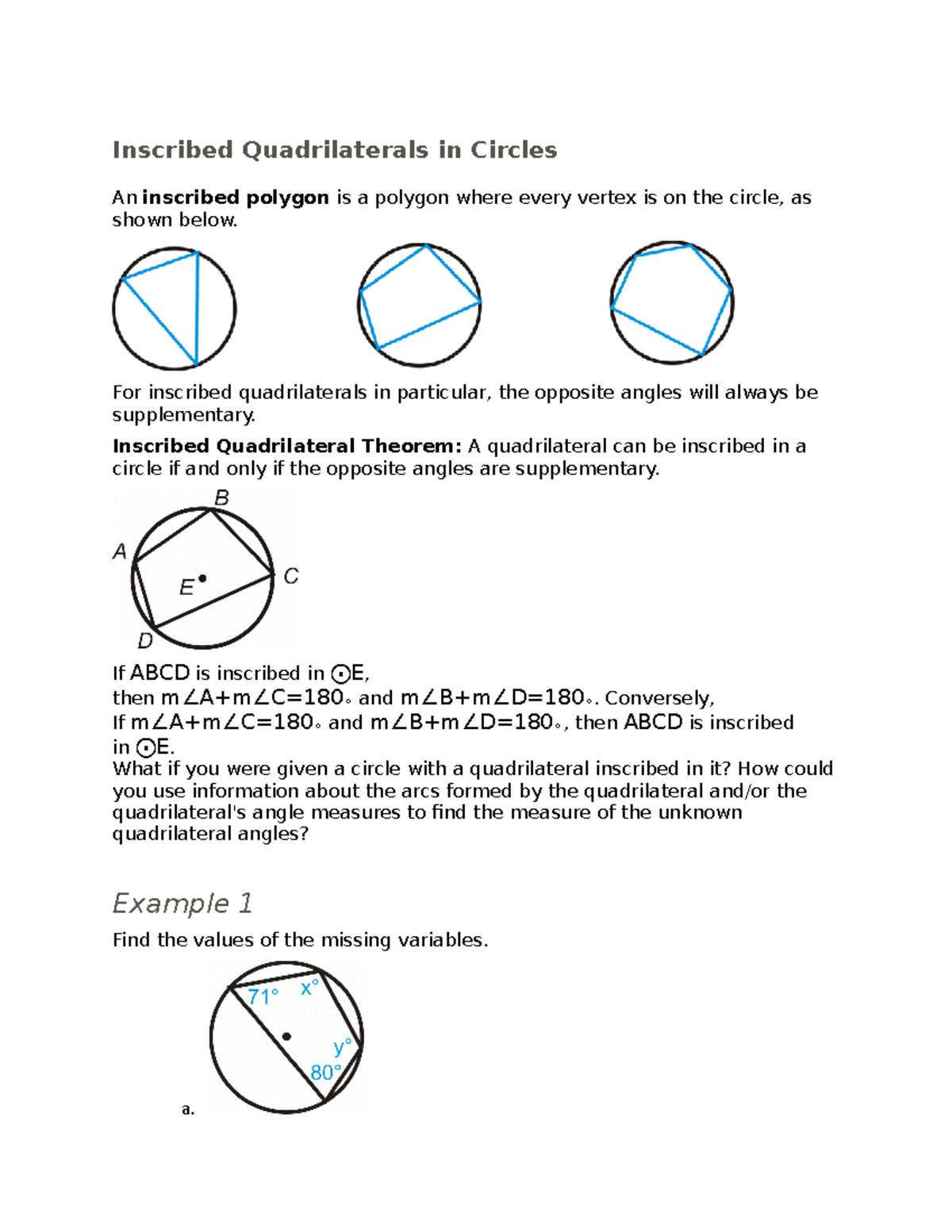Math part 33 Notes Inscribed Quadrilaterals in Circles An inscribed