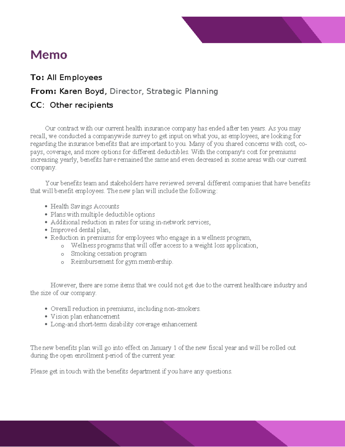 MBA540Memo - memo - Memo To: All Employees From: Karen Boyd, Director ...