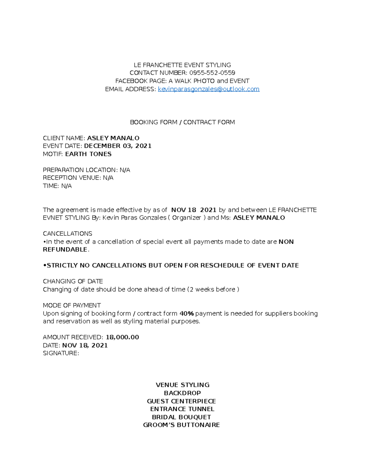 Contract-2 - Notes on Contracts - LE FRANCHETTE EVENT STYLING CONTACT ...