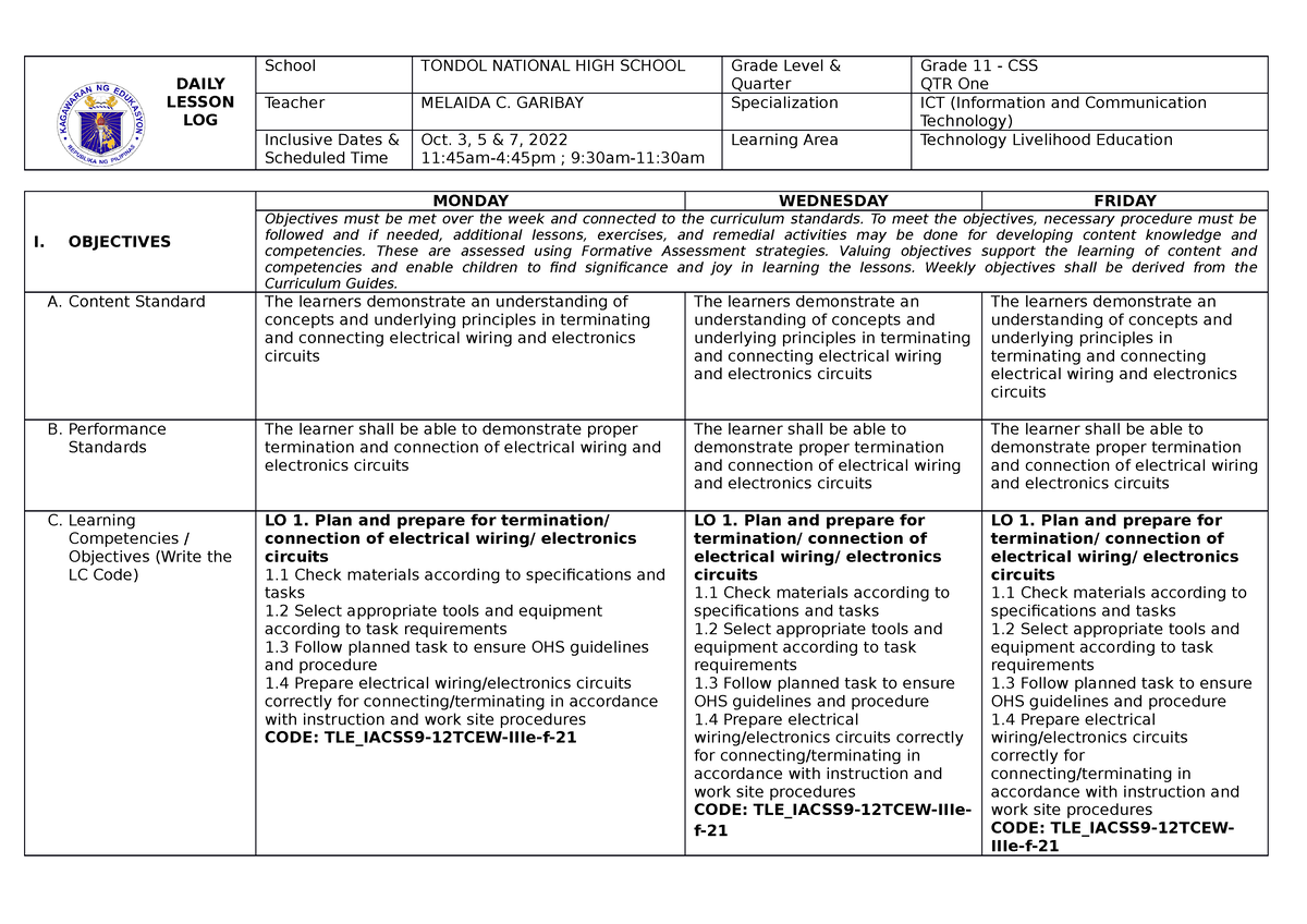 SHS DLL Week 7 - For references only - DAILY LESSON LOG School TONDOL ...