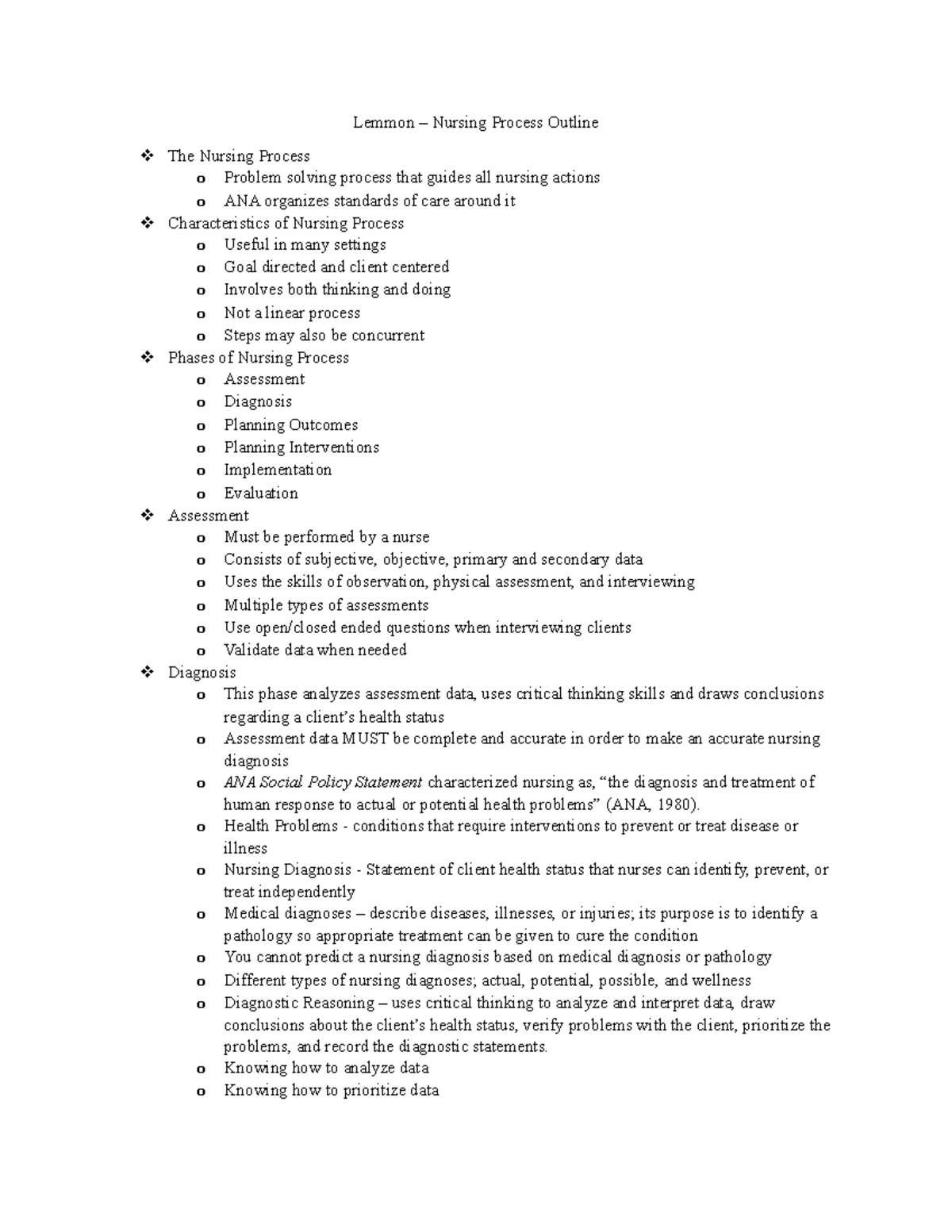 04 Nursing Process Outline Lemmon Nursing Process Outline The