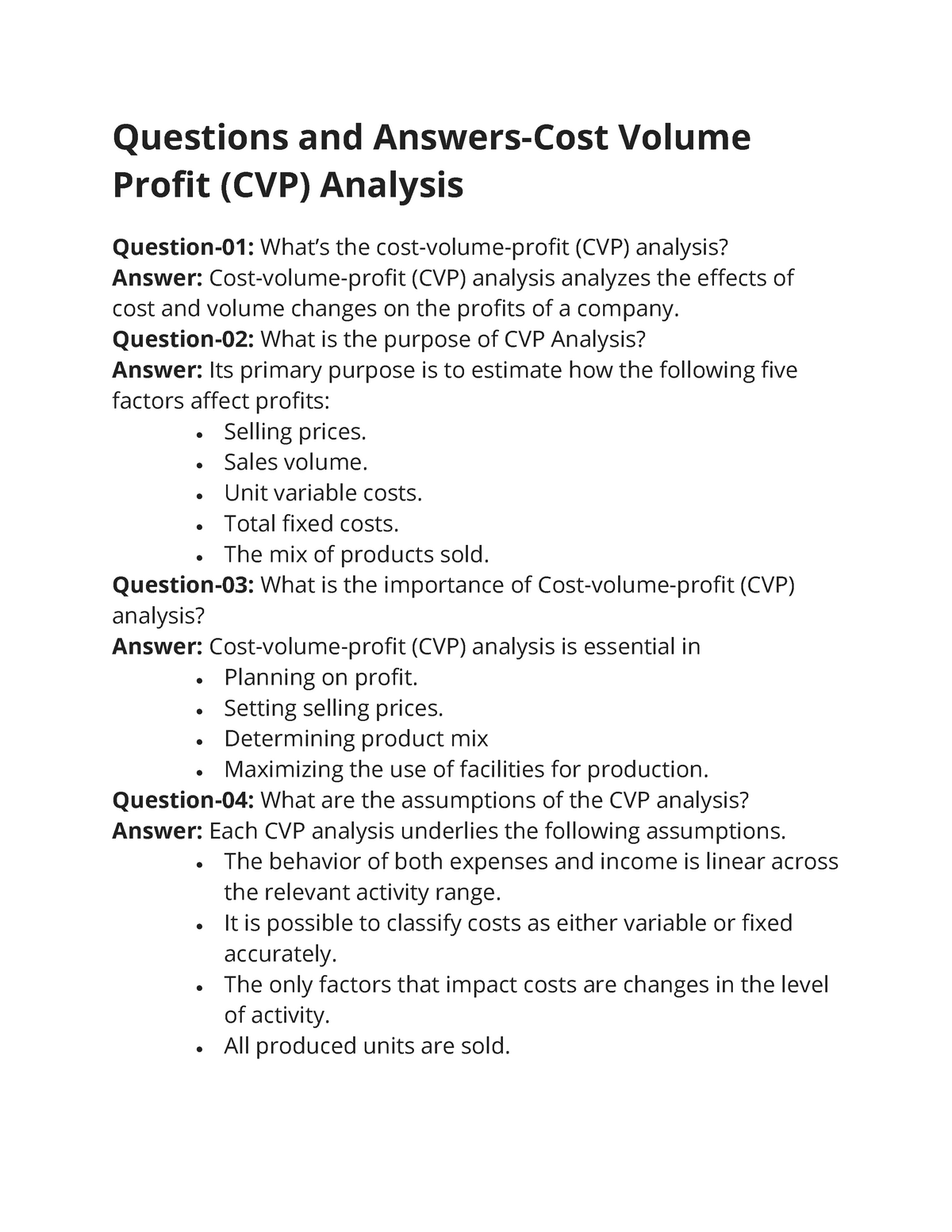 CVP Analysis Questions And Answers Questions And Answers Cost Volume Profit CVP Analysis 