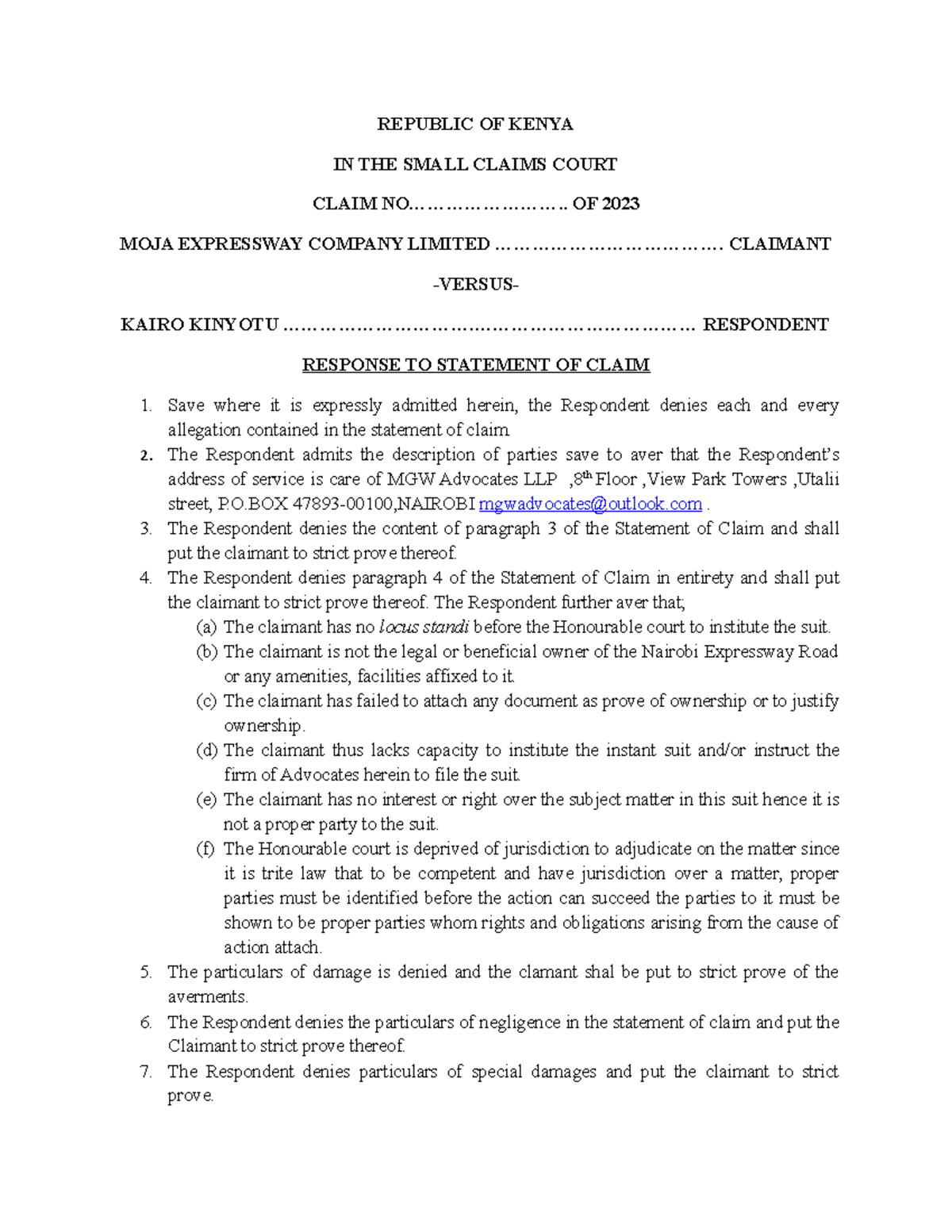 Response - REPUBLIC OF KENYA IN THE SMALL CLAIMS COURT CLAIM NO