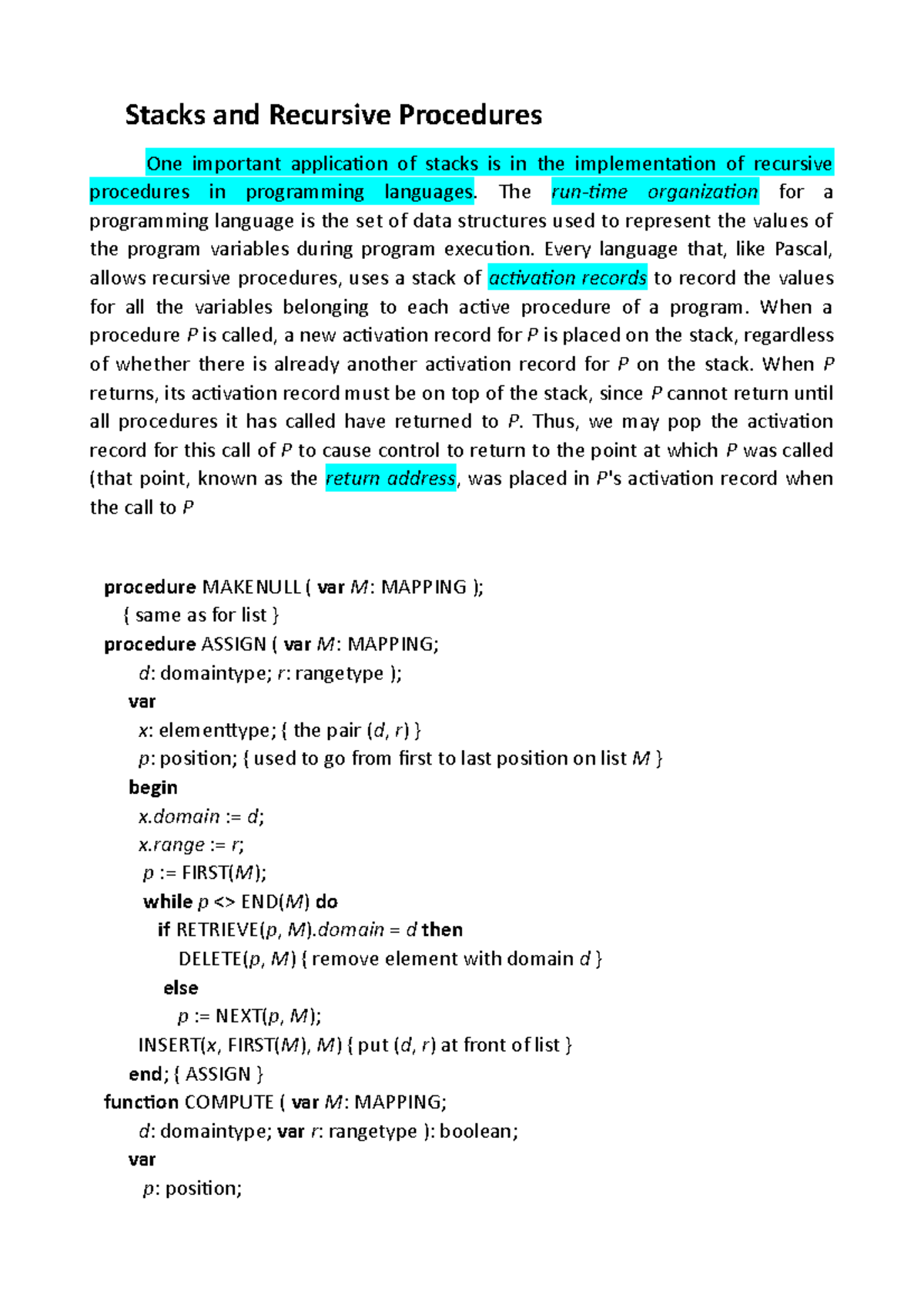 Stacks and Recursive Procedures - The run-time organization for a ...
