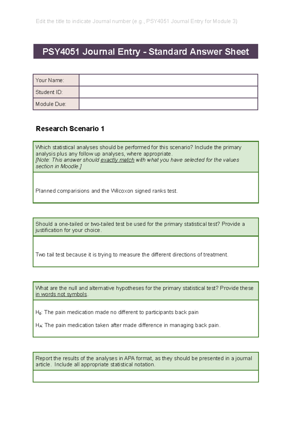 PSY4051 Journal Entry - Standard Answer Sheet (4)l - Edit the title to ...