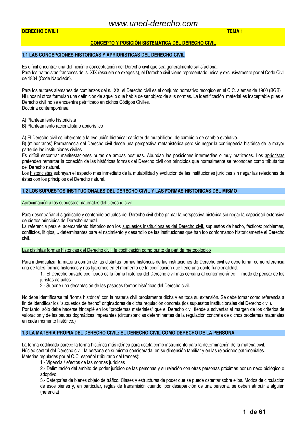 Derecho Civil I UNED DERECHO CIVIL I TEMA 1 CONCEPTO Y POSICIÓN