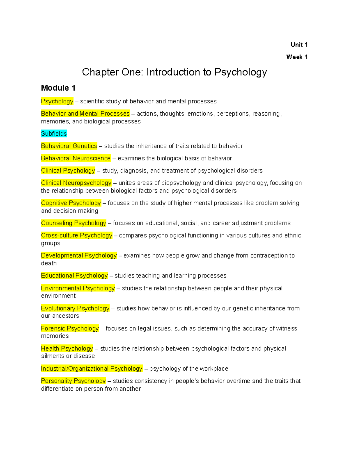 Chapter 1 Notes - Introduction to Psychology - Unit 1 Week 1 Chapter ...