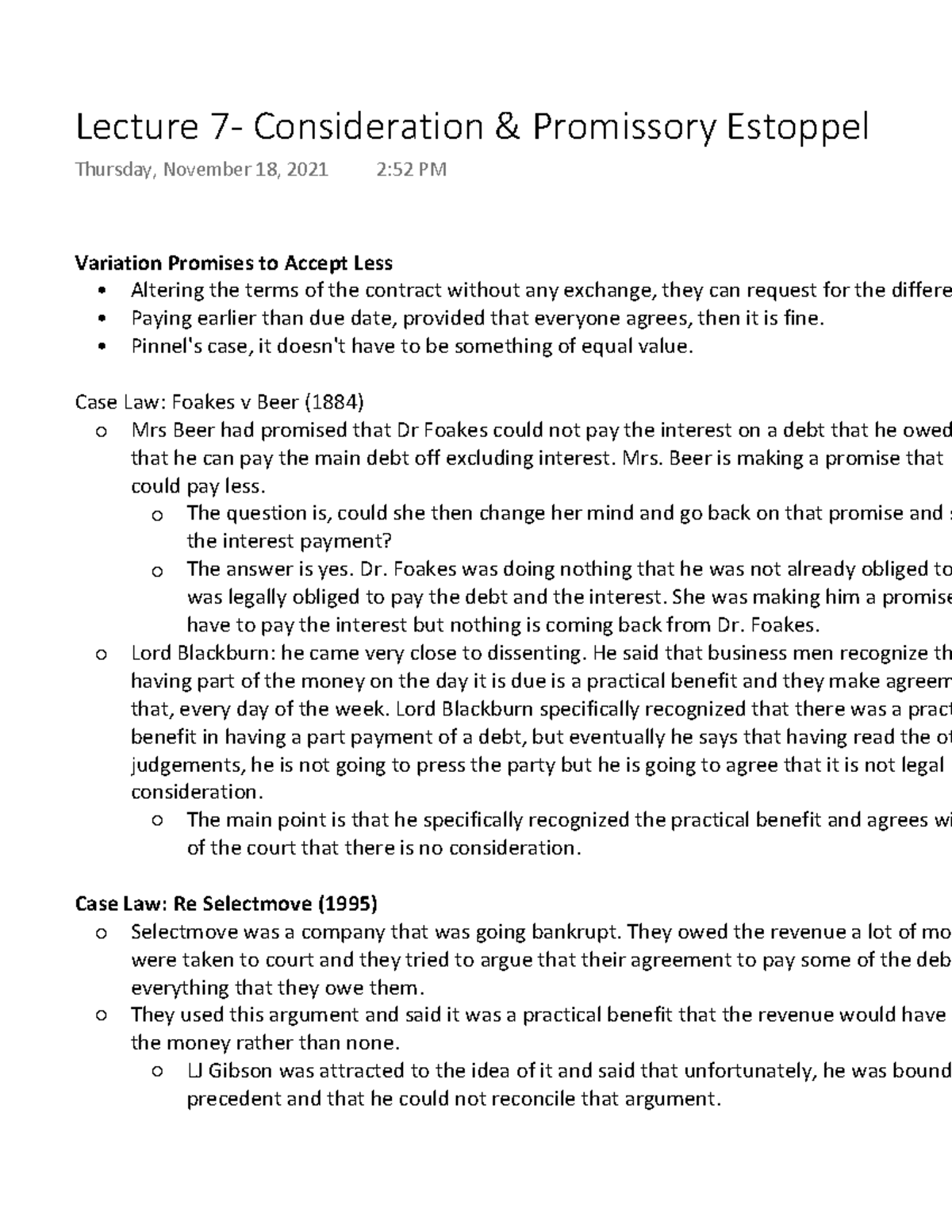 Lecture 7- Consideration & Promissory Estoppel - Variation Promises To ...