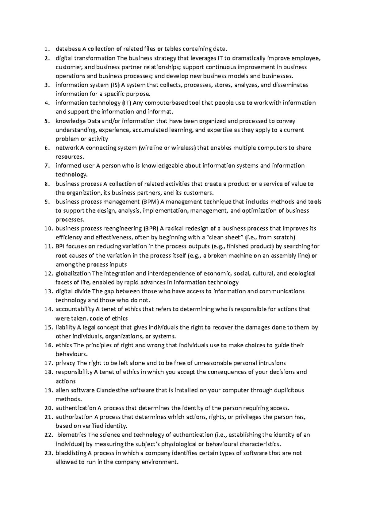 Definitions definestons database A collection of related files or