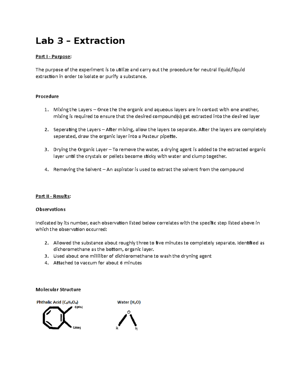 Organic Chemistry 1 Extraction Lab Lab 3 Extraction Part I