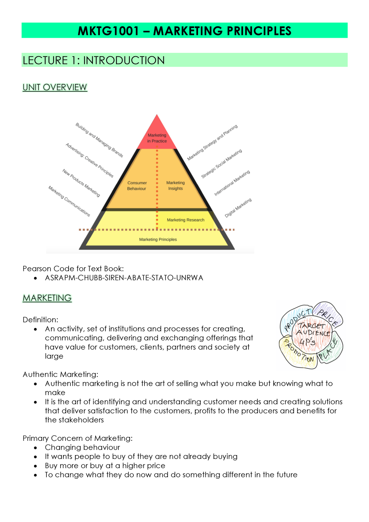 MKTG1001 - Lecture Notes 1-12 - MKTG1001 – MARKETING PRINCIPLES LECTURE ...