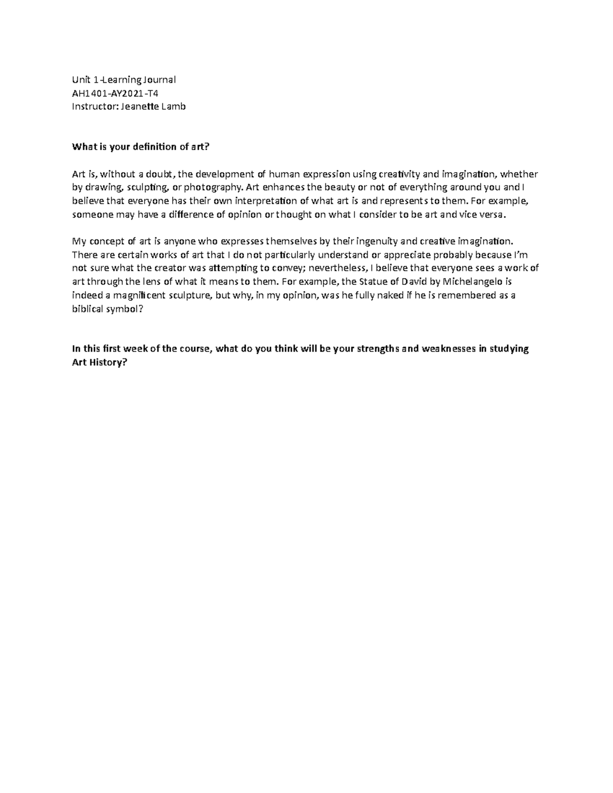 Unit 1-Learning Journal - Unit 1-Learning Journal AH1401-AY2021-T ...