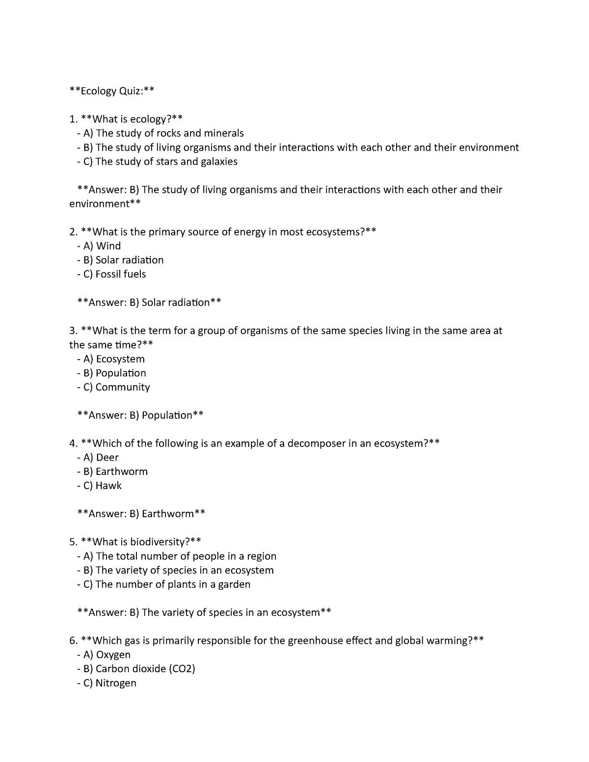 Ecology Quiz - Quiz unit 2 - Ecology Quiz: What is ecology? A) The ...