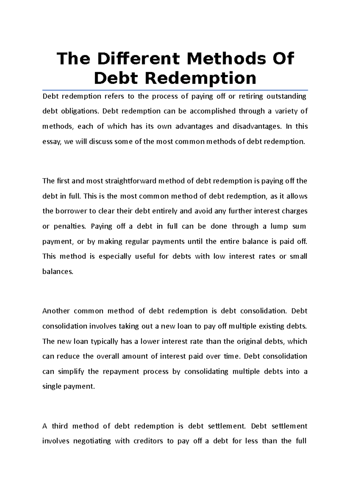 The Different Methods Of Debt Redemption The Different Methods Of