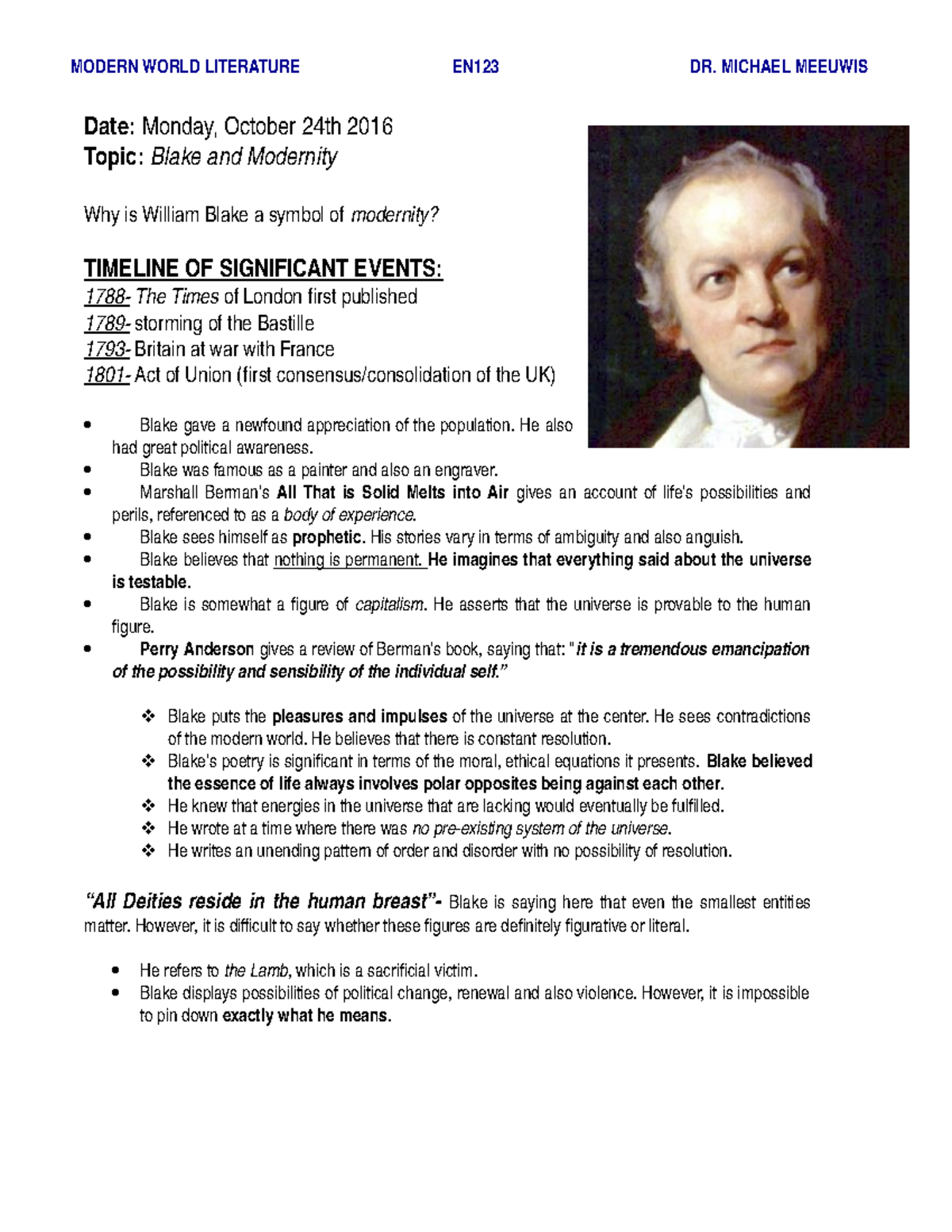 William Blake and Modernity - MODERN WORLD LITERATURE EN123 DR. MICHAEL ...