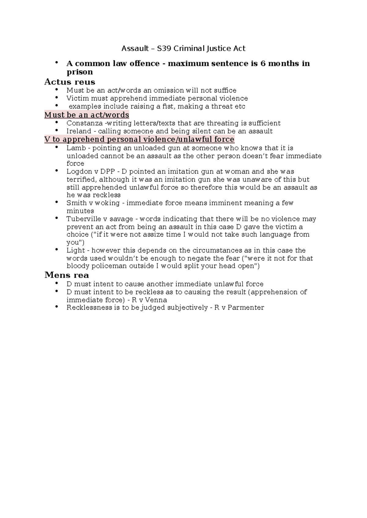 Assault - a level ocr law notes - Assault – S39 Criminal Justice Act A ...