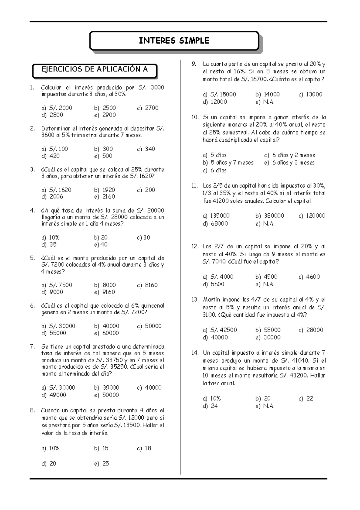 Examen Nº 01 - Interes Simple - INTERES SIMPLE INTERES SIMPLE Calcular ...