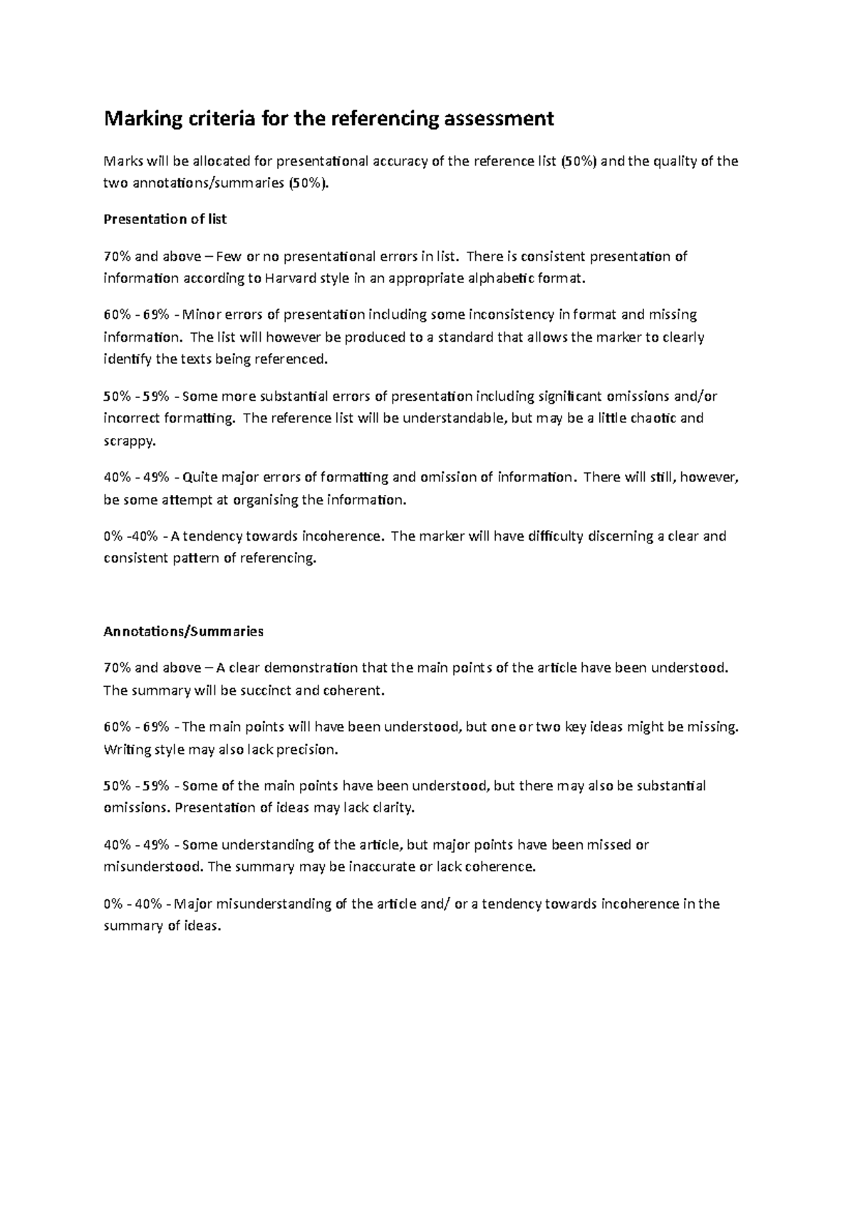 Marking criteria for the referencing assessment - Presentation of list ...