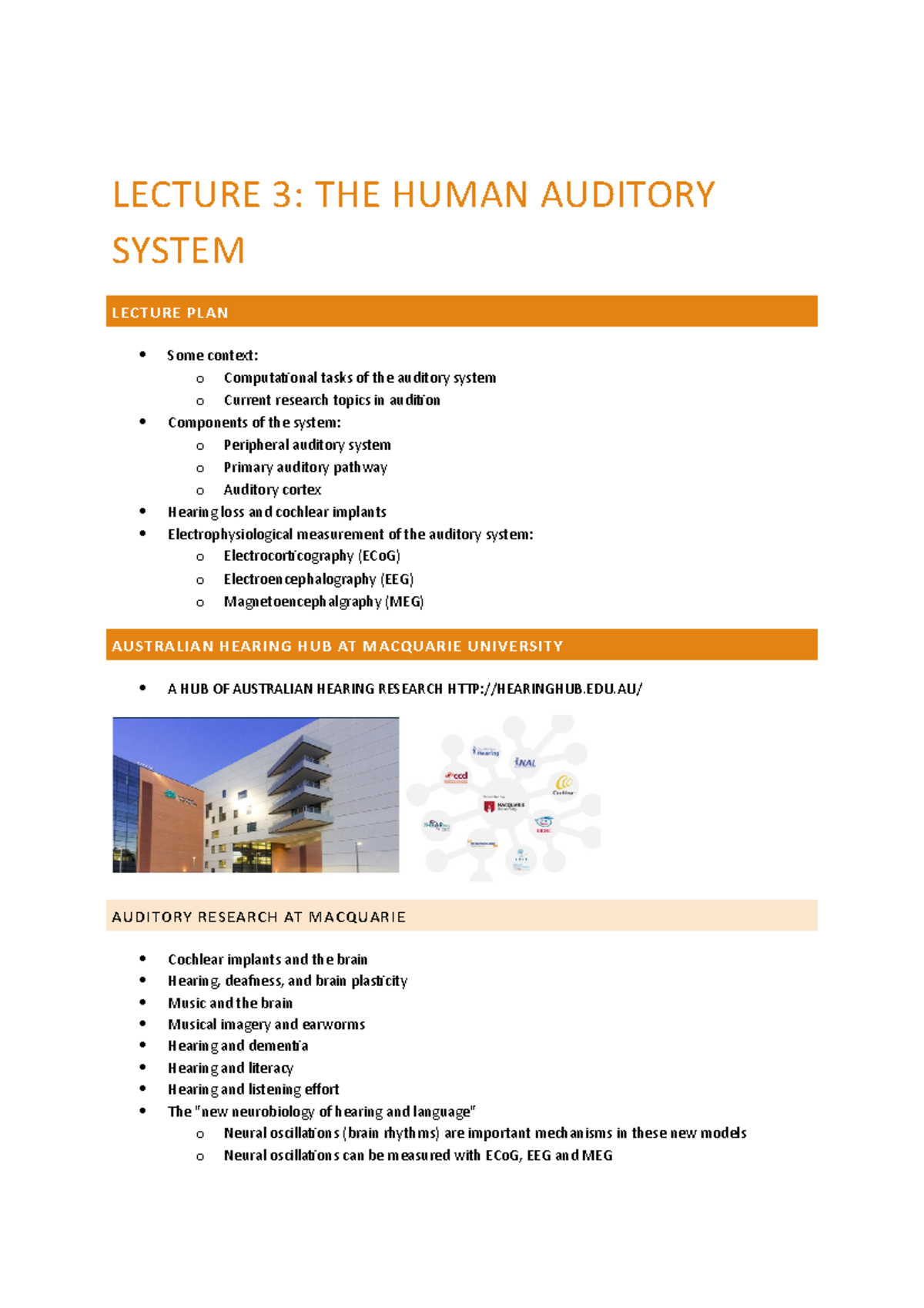 Lecture 3 - lec 3 - LECTURE 3: THE HUMAN AUDITORY SYSTEM LECTURE PLAN ...