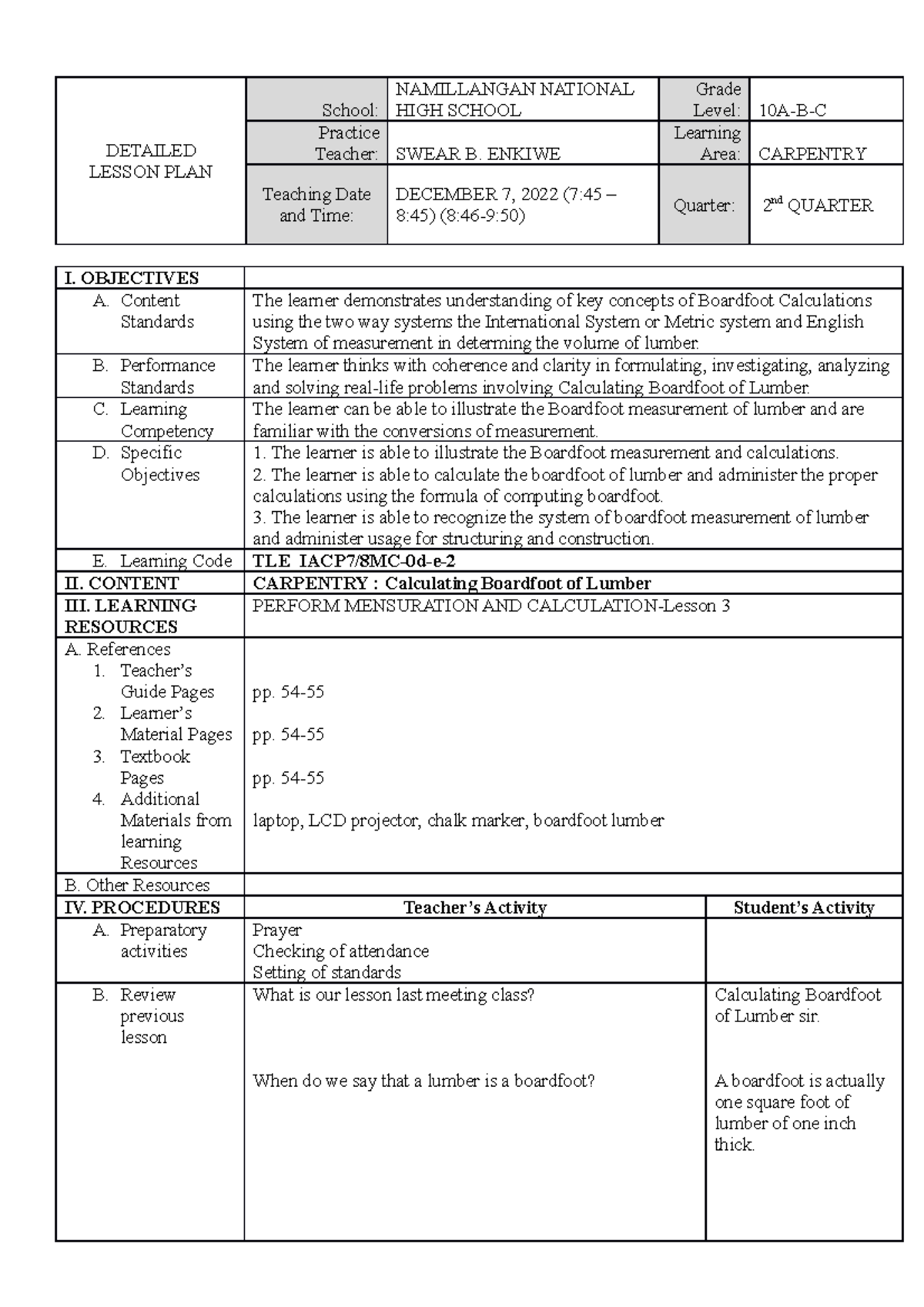 Template Lesson Plan English Math Science - DETAILED LESSON PLAN School ...